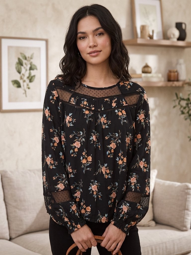 *3 For $9* Xhilaration Long Sleeve Mesh Insert Flowy Floral Print Top Shirt Xl